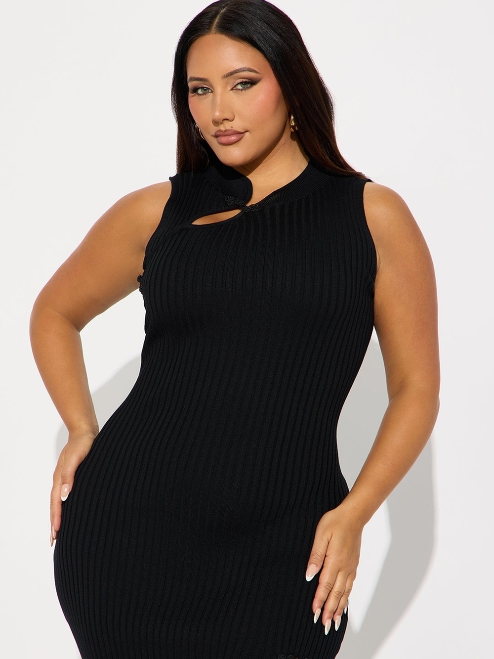 Sleeveless Ribbed Maxi Dress with Side Slit - Black - Picture 2 of 3